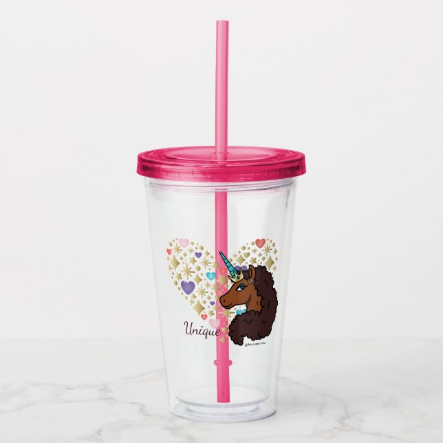 Vaso Acrílico Afro Unicornio | Diseño de corazón único (Anverso)