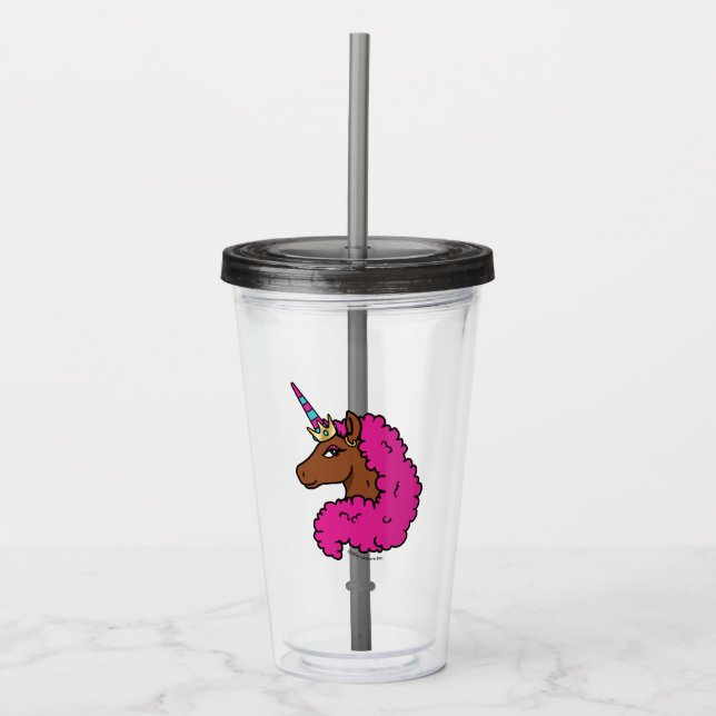 Vaso Acrílico Afro Unicornio rosa caliente (Anverso)