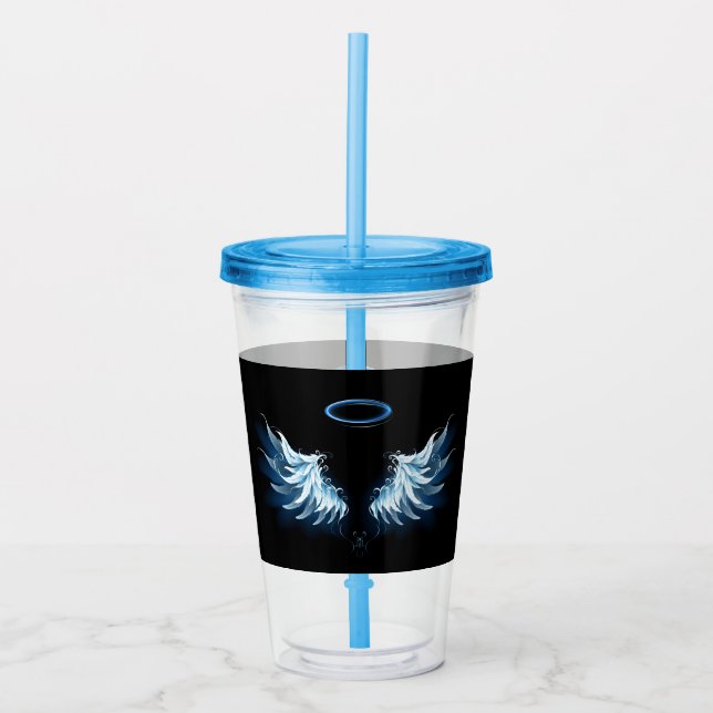 Vaso Acrílico Alas del Ángel Azul brillante sobre fondo negro (Anverso)
