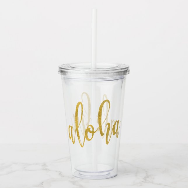 Vaso Acrílico Aloha Faux Gold Brushed Script Beach Fiesta (Anverso)