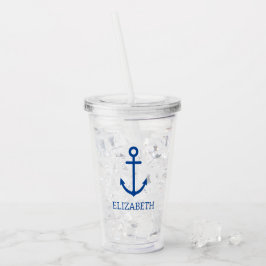 Vaso Acrílico Ancla náutica simple azul y blanco personalizada