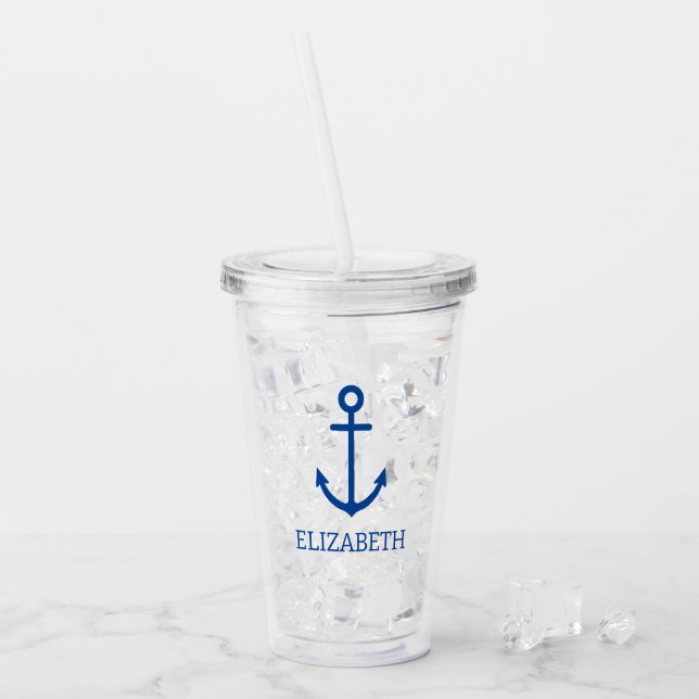 Vaso Acrílico Ancla náutica simple azul y blanco personalizada (Anverso (hielo))