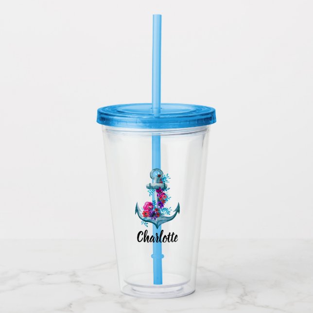 Vaso Acrílico Anclaje de acuarela floral náutica personalizado (Anverso)