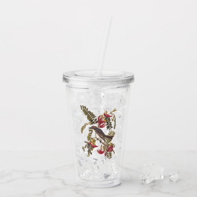 Vaso Acrílico Ave Gris Tyrant de Audubon con flores rosas (Reverso (hielo))