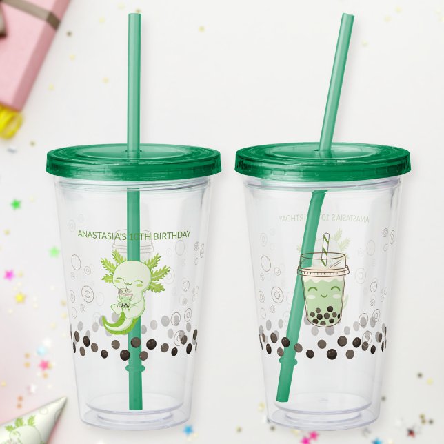 Vaso Acrílico Axolotl Verde Adorable Boba Té de leche (Subido por el creador)