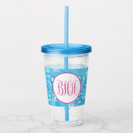 Vaso Acrílico Azul Floral y Monograma