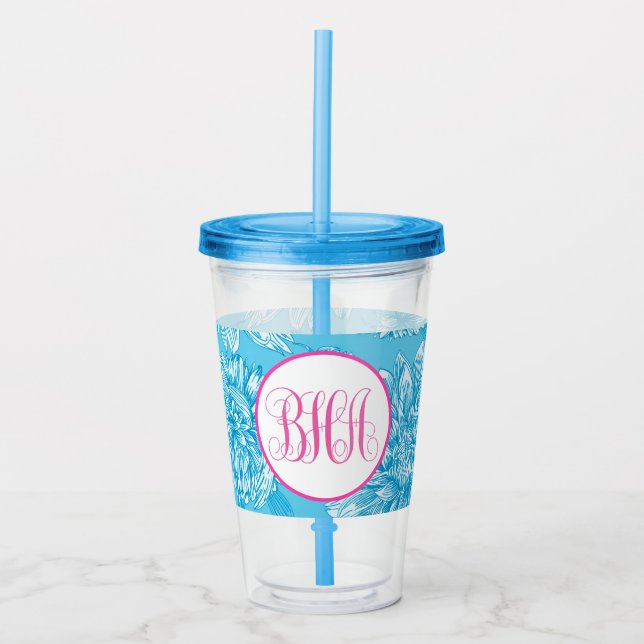 Vaso Acrílico Azul Floral y Monograma (Anverso)