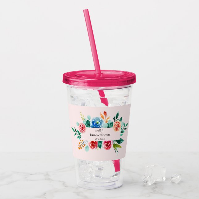 Vaso Acrílico Bachelorette de Flores Rosa (Anverso (hielo))