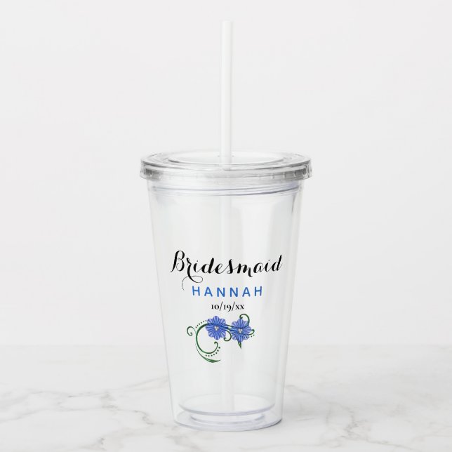 Vaso Acrílico Bachelorette Party Bridesmaid Boda Flores Azules (Anverso)