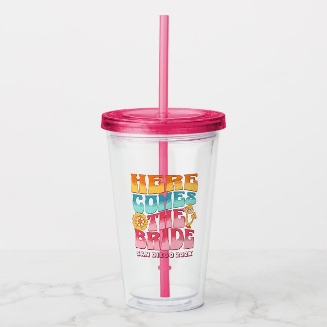 Vaso Acrílico Bachelorette Party Groovy Retro Wavy Textos Novia (Anverso)