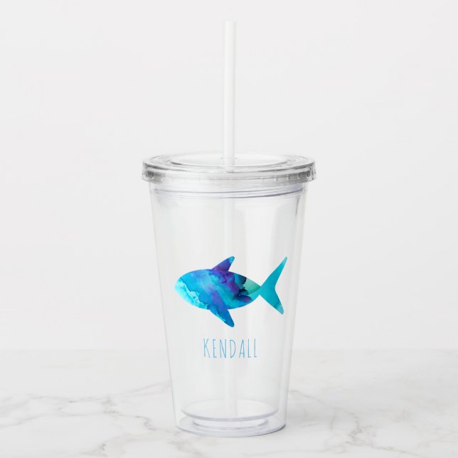 Vaso Acrílico Bajo el mar Océano Rojo Acuarela Azul Pescado (Anverso)