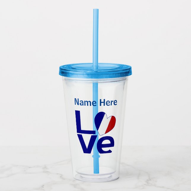 Vaso Acrílico Bandera del corazón del amor azul francés personal (Anverso)