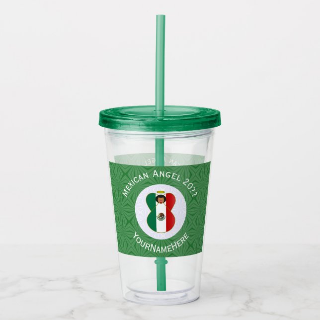 Vaso Acrílico Bandera Mexicana Angel Año Nuevo Blanco Verde (Anverso)