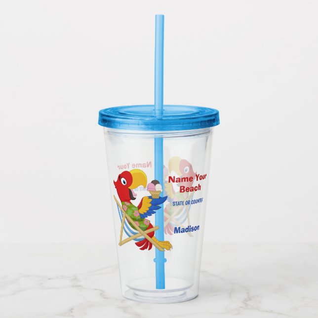 Vaso Acrílico Beach Macaw nombre personalizado y tumblers de tex (Anverso)