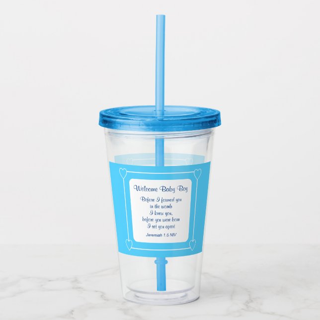 Vaso Acrílico Bebé azul y blanco ducha Biblia Fiesta Verso (Anverso)