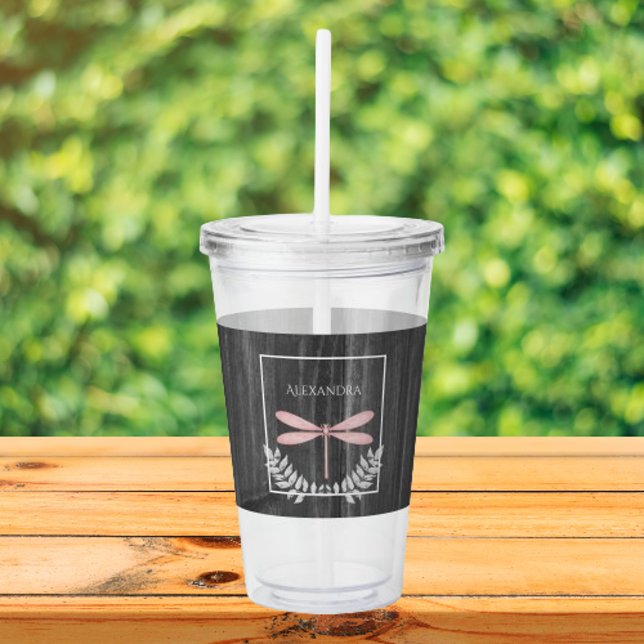 Vaso Acrílico Beber rosa Rutio Tumbler acrílico personalizado (Pink Dragonfly Rustic Personalized Acrylic Tumbler)