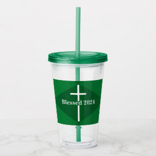 Vaso Acrílico Bendito Año Nuevo Verde y Cruz Blanca Cristiano