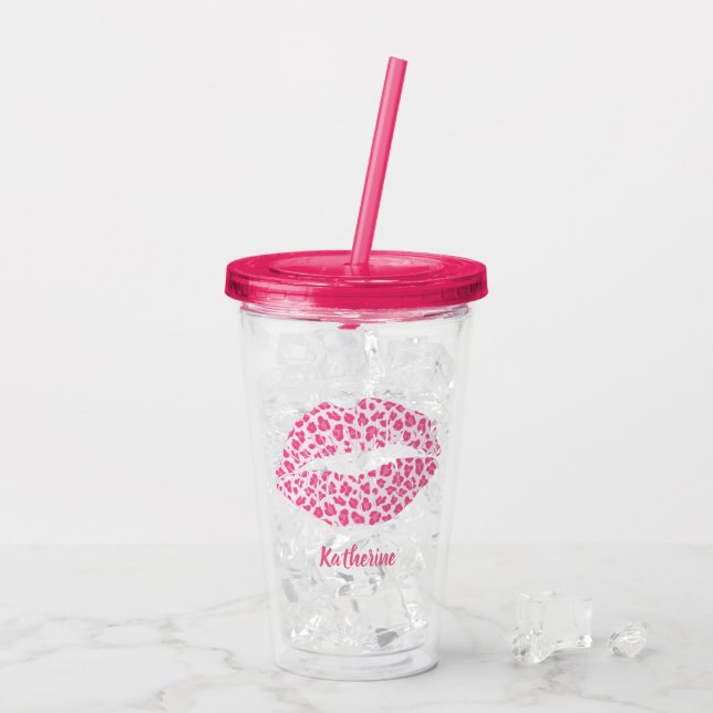 Vaso Acrílico Beso de leopardo rosado - Personalizado (Reverso (hielo))