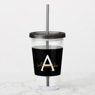 Vaso Acrílico Black Gold Modern Script Girly Monograma Nombre