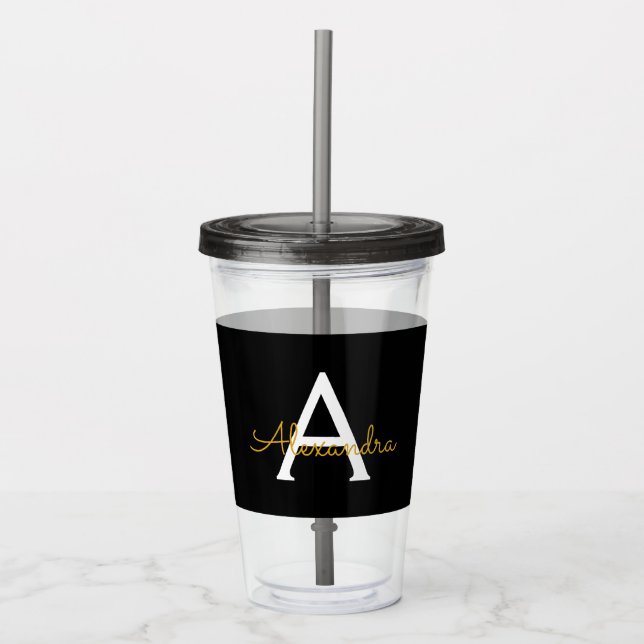 Vaso Acrílico Black Gold Modern Script Girly Monograma Nombre (Anverso)
