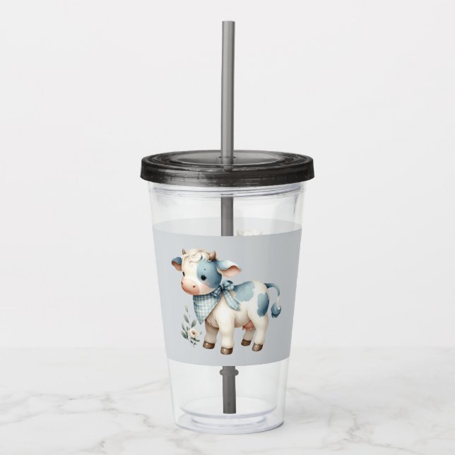 Vaso Acrílico Blue Gingham Baby Cow Pastel Farm Aesthetic (Anverso)