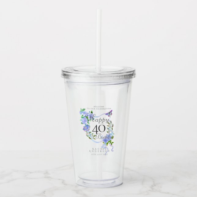 Vaso Acrílico Blue Rose Ribbon 40th Birthday (Anverso)