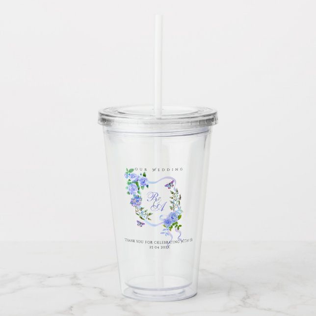 Vaso Acrílico Blue Rose Ribbon Monogram Wedding  (Anverso)