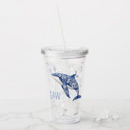 Vaso Acrílico Blue Toile Floral Beach Dolphin Monograma