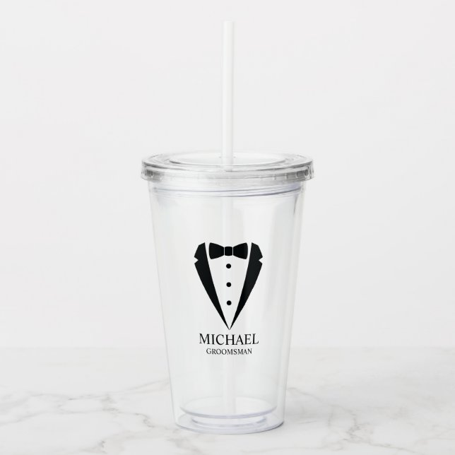 Vaso Acrílico Boda negro Tuxedo Suit Groomsmen personalizado (Anverso)