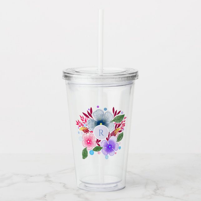 Vaso Acrílico Bonito acuarela Floral Bouquet Monograma (Anverso)
