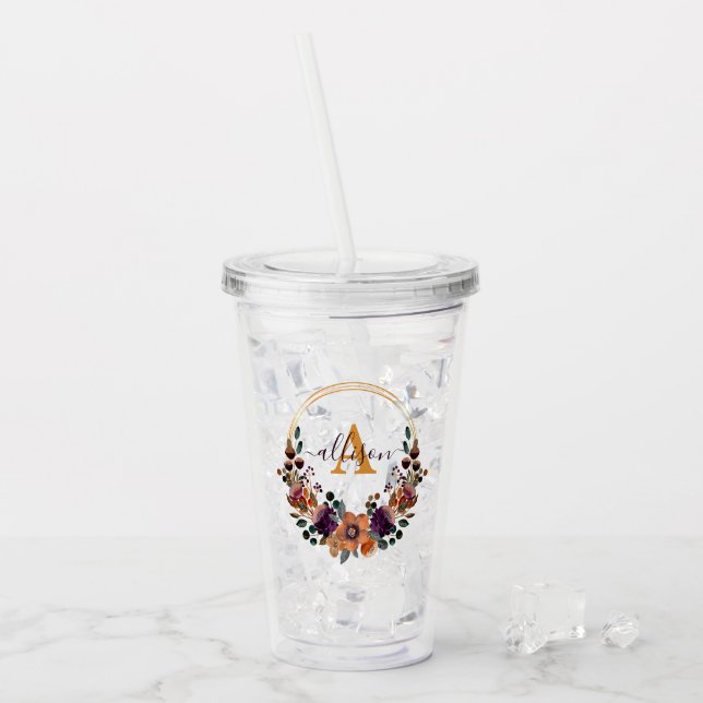 Vaso Acrílico Borgoña y marco floral dorado personalizado (Anverso (hielo))