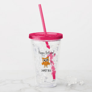 Vaso Acrílico Búho naranja lindo feliz cumpleaños
