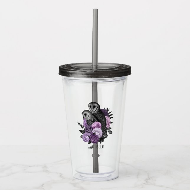 Vaso Acrílico Búhos góticos glamorosos con flores moradas (Anverso)