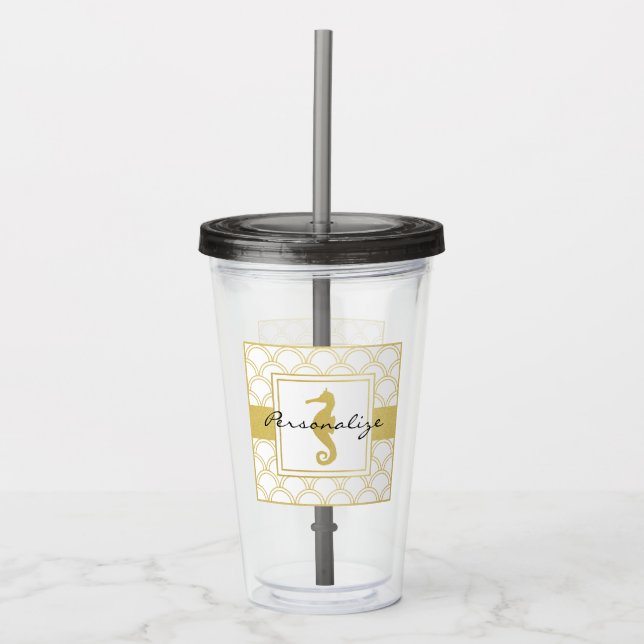 Vaso Acrílico Caballito de mar con olas Art Deco y brillo dorado (Anverso)
