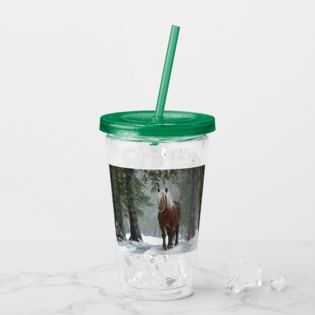 Vaso Acrílico Caballo marrón en un bosque de invierno con nieve  (Reverso (hielo))
