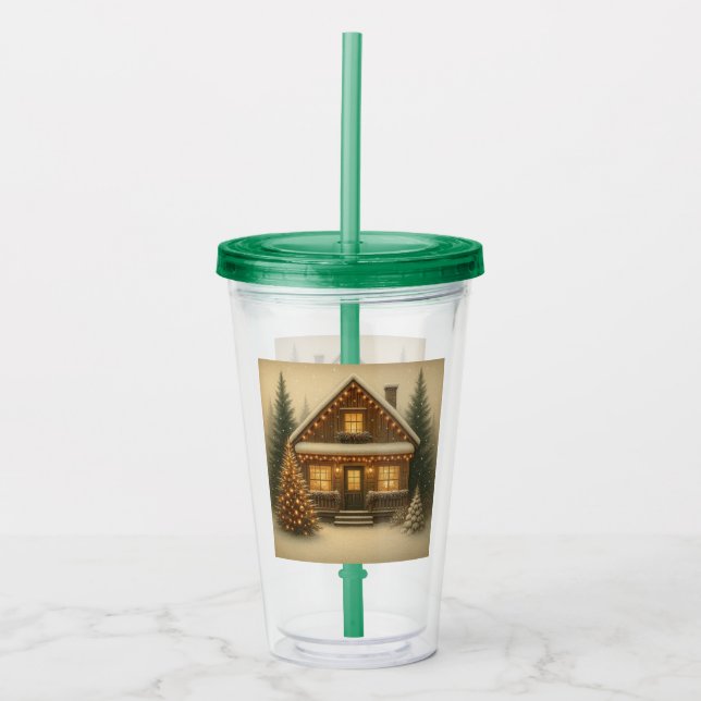 Vaso Acrílico Cabaña rústica de invierno/Navidad (Anverso)