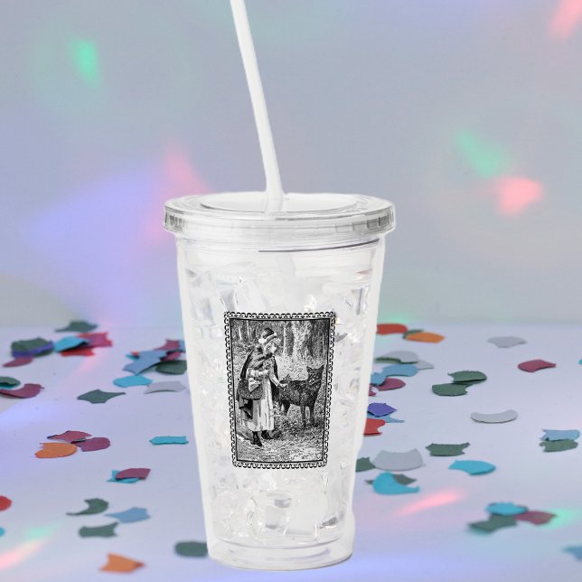 Vaso Acrílico Cabecera hablando con árboles lobo marco ordenado (Black White red riding hood wolf fairly tail in ornate black frame on acrylic drink tumbler.)
