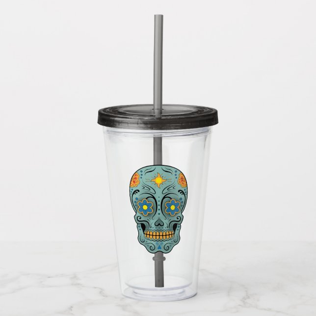 Vaso Acrílico Calavera de azúcar (Día de los Muertos) (Azul) Tan (Anverso)