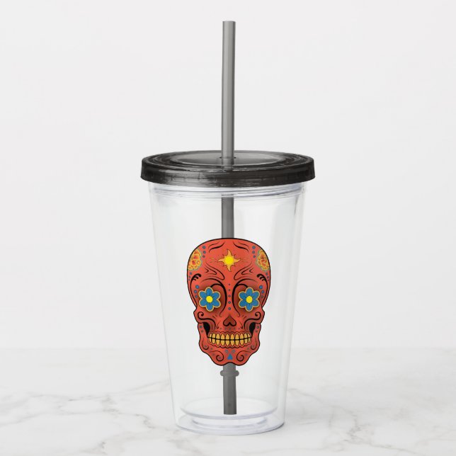 Vaso Acrílico Calavera de azúcar (Día de los Muertos) (Rojo) Bot (Anverso)