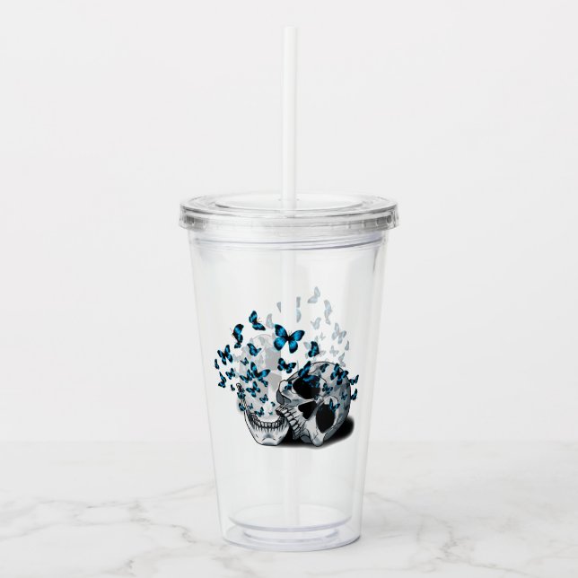 Vaso Acrílico Calavera y Mariposas Azules (Anverso)