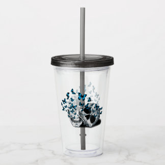 Vaso Acrílico Calavera y Mariposas Azules Gris Gótico