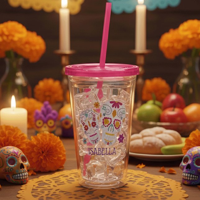Vaso Acrílico Calaveras de azúcar con flores finas personalizada (Subido por el creador)