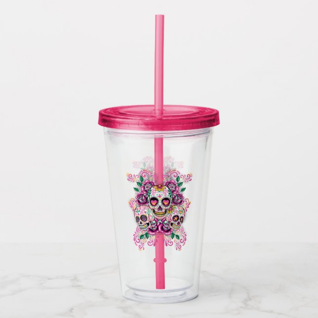 Vaso Acrílico Calaveras de azúcar y Rosas (Anverso)