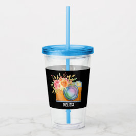 Vaso Acrílico Cámara Boho Naranja y acuarela con buquet floral