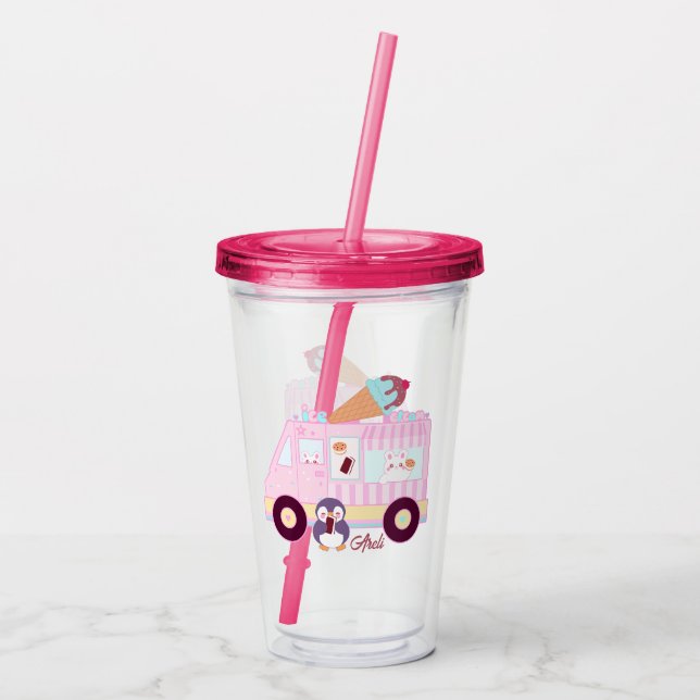 Vaso Acrílico Camión De Helado De Conejo Azul Y Rosa Cute Conejo (Reverso)