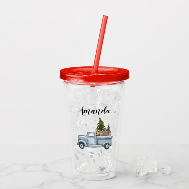 Vaso Acrílico Camión navidad con pinos y animales forestales (Reverso (hielo))
