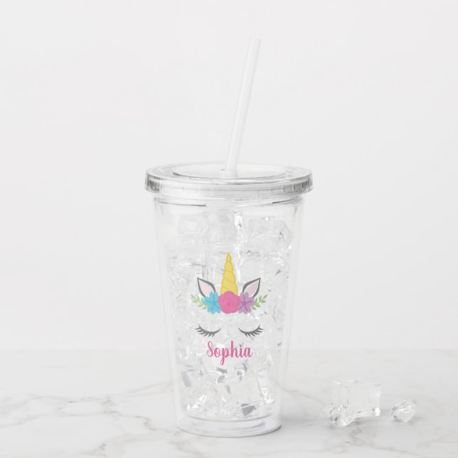 Vaso Acrílico Cara floral del unicornio personalizada (Reverso (hielo))