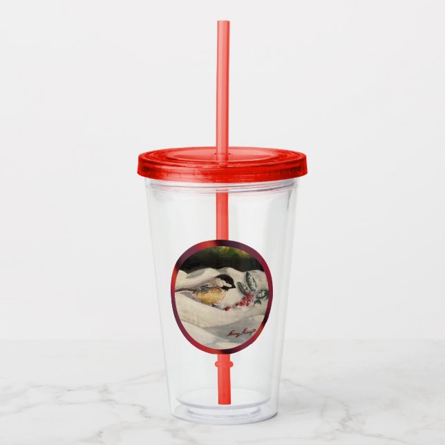 Vaso Acrílico Carol el Chick-a-Dee con Muérdago  (Anverso)