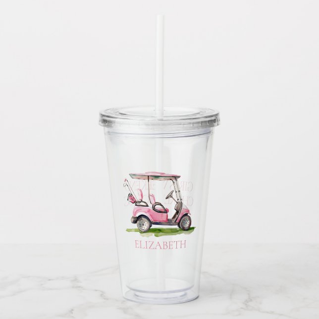 Vaso Acrílico Carro de golf rosa preppy personalizado (Anverso)