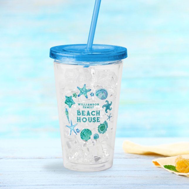 Vaso Acrílico Casa de playa de la familia Casas Marinas Azules C (Family Beach House Coastal Blue Seashells Acrylic Tumbler)